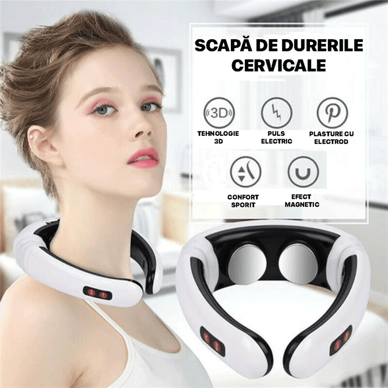 Aparat pentru masaj cervical pentru dureri de gat, cap, umeri și coloana cu impulsuri electromagnetice